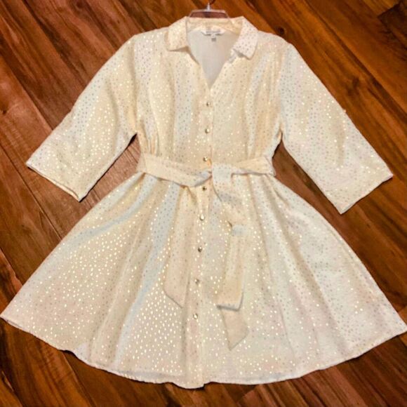Emily Daniel's Gorgeous Button-up Long Sleeve Midi Dress in Cream/Gold in Large - Picture 7 of 10